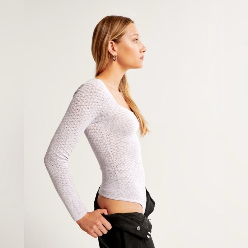 Abercrombie & Fitch Women’s Bodysuit Long Sleeve Squareneck Pointelle Lilac | S - Picture 2 of 11